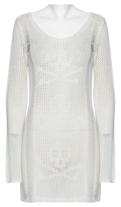 Punk Rave Teuta Skull and Crossed Bones Knitted Mesh Dress in White