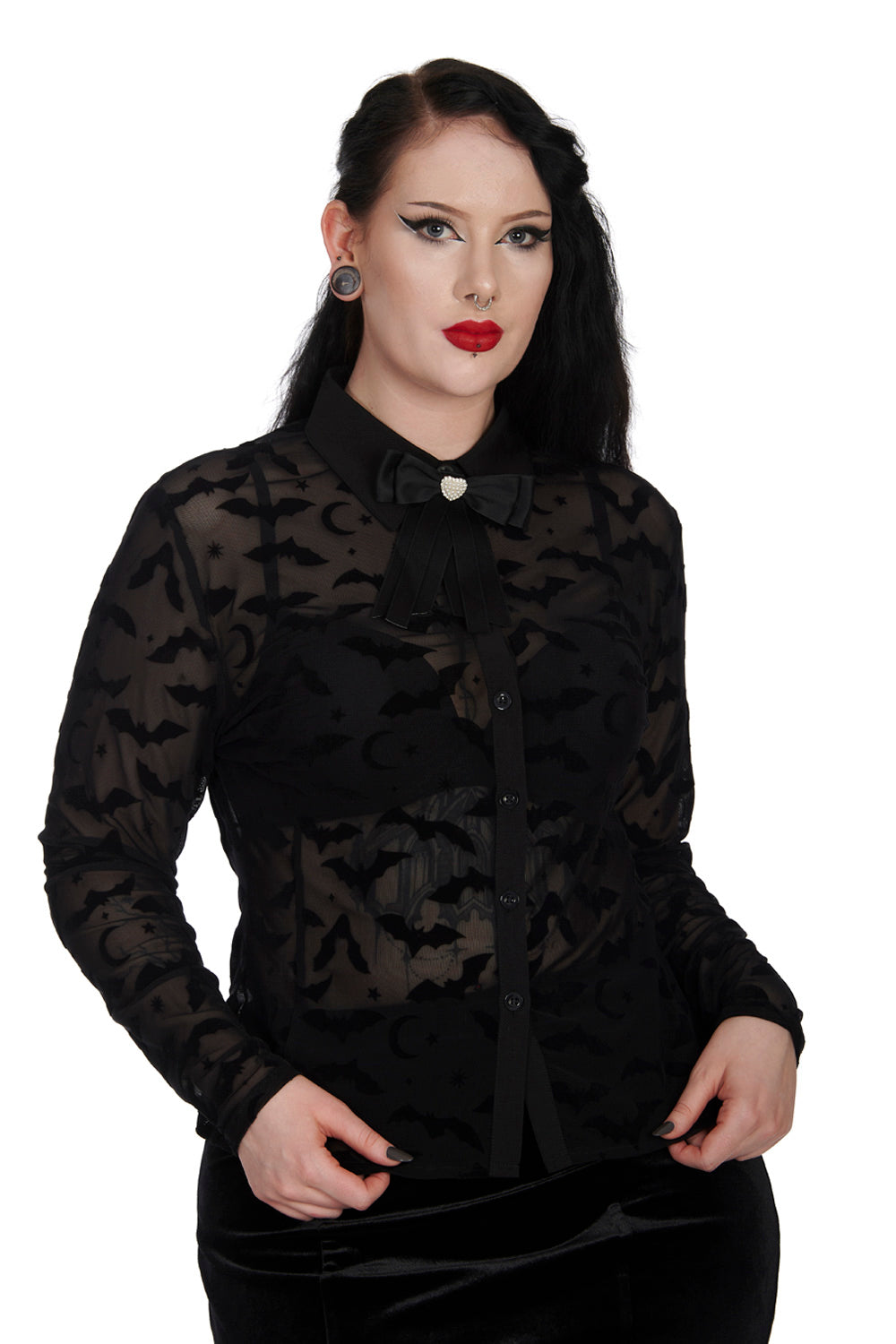 Banned Strangers Paradise Sheer Blouse with Bats, Stars and Moons Flocking