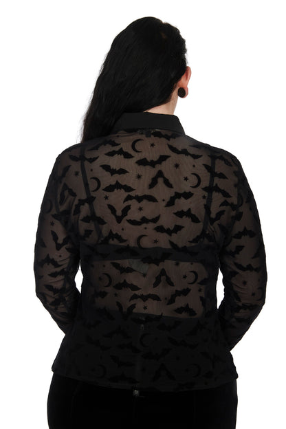 Banned Strangers Paradise Sheer Blouse with Bats, Stars and Moons Flocking