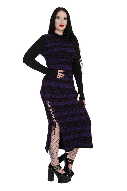 Banned Bat Bone Black and Purple Stripe Knitted Dress