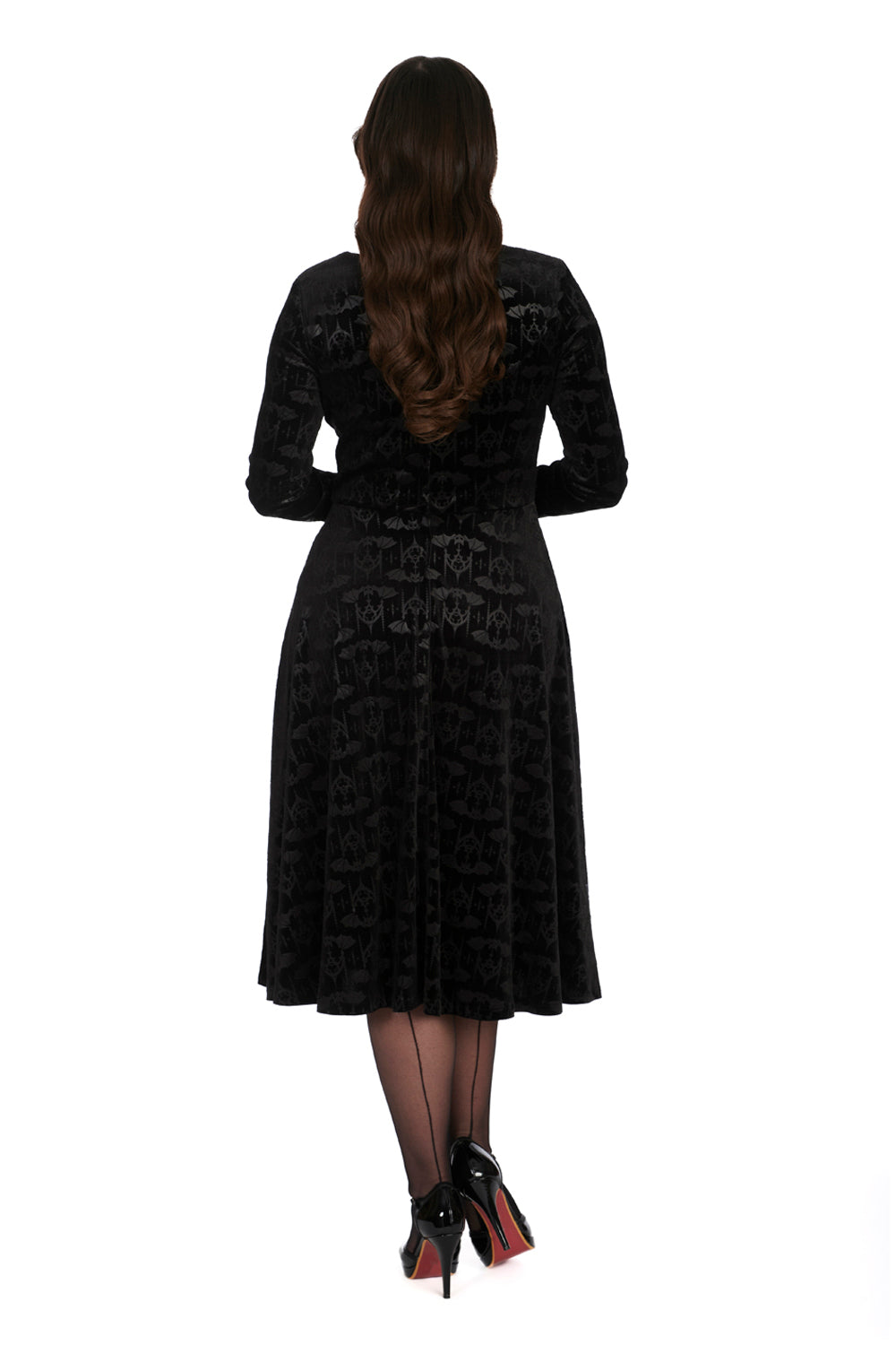 Banned Velvet Fit and Flare Dress with Flock Bat Print