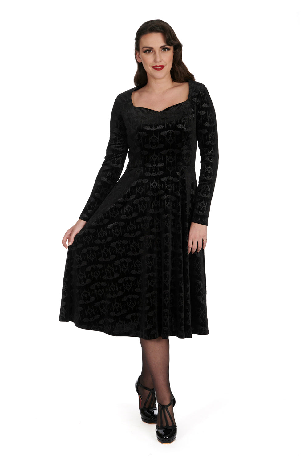 Banned Velvet Fit and Flare Dress with Flock Bat Print