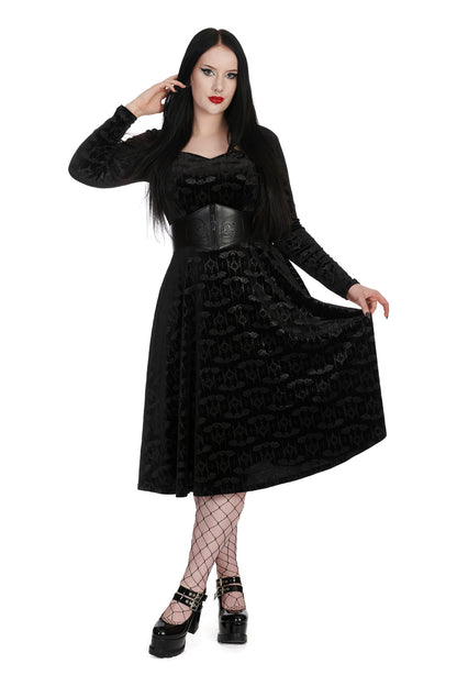 Banned Velvet Fit and Flare Dress with Flock Bat Print