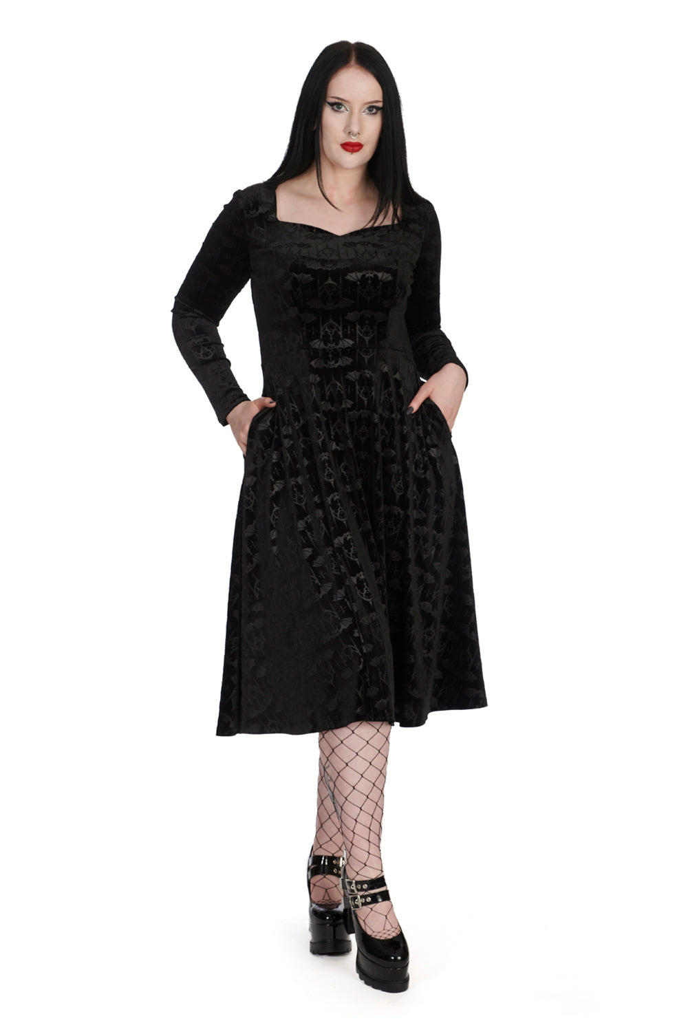 Banned Velvet Fit and Flare Dress with Flock Bat Print