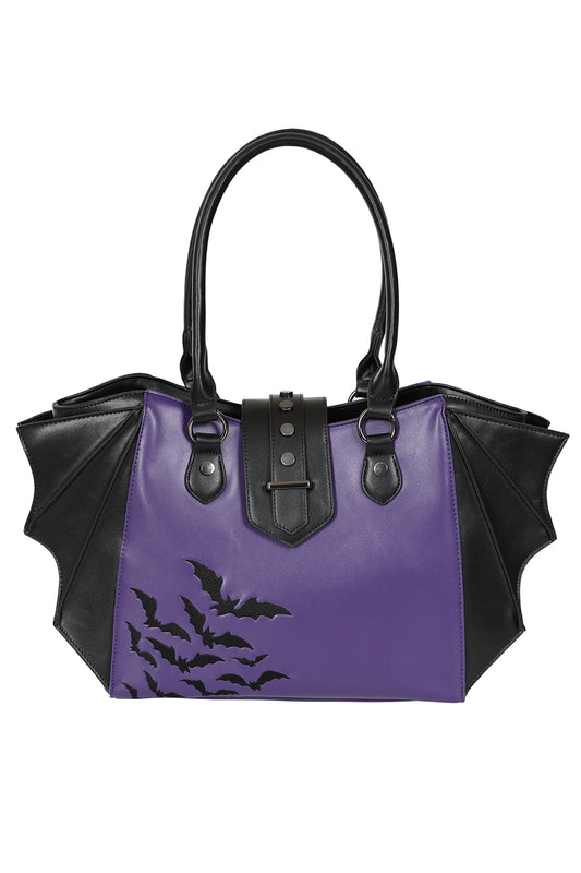 Banned Black and Purple Haunted Annabelle Tote Bag with Embroidered Bats