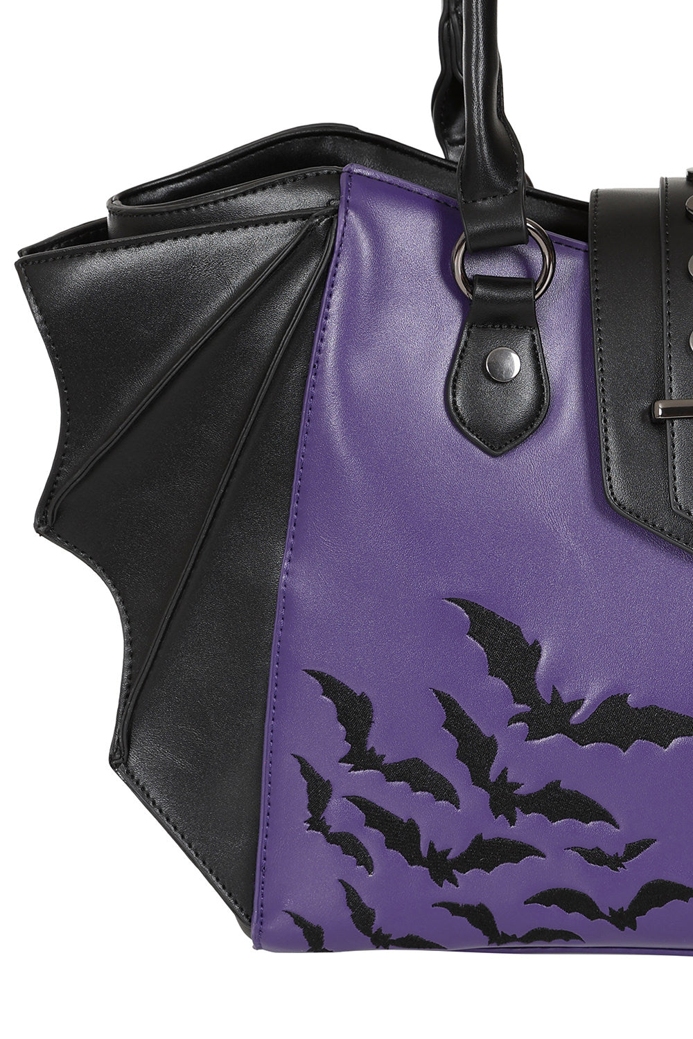 Banned Black and Purple Haunted Annabelle Tote Bag with Embroidered Bats