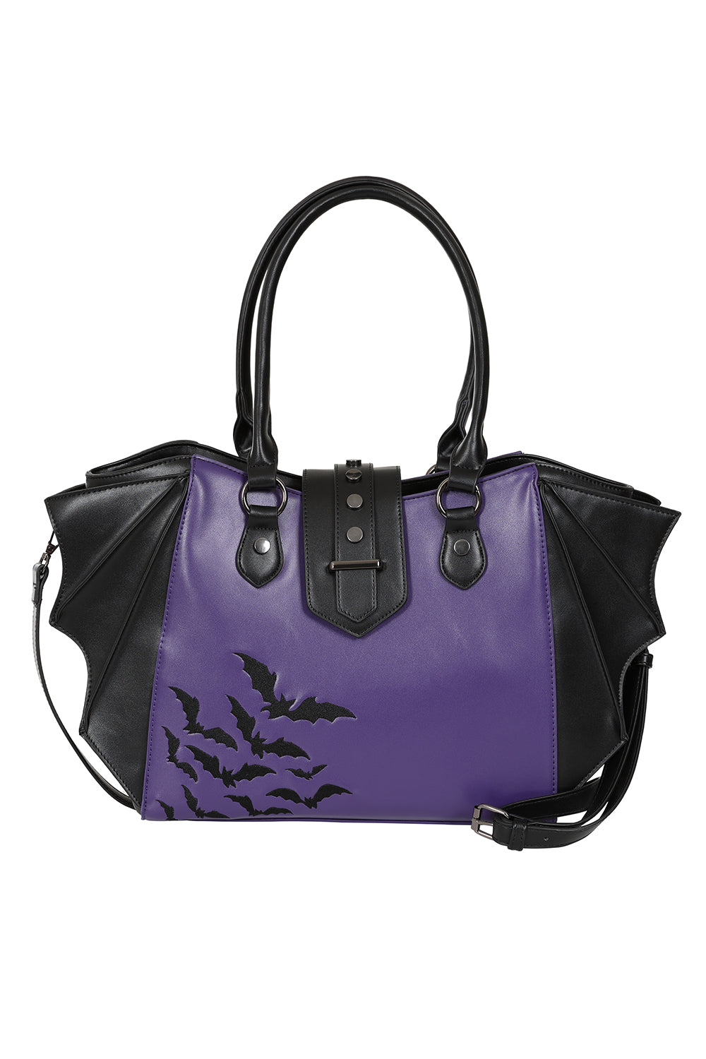 Banned Black and Purple Haunted Annabelle Tote Bag with Embroidered Bats