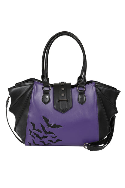 Banned Black and Purple Haunted Annabelle Tote Bag with Embroidered Bats