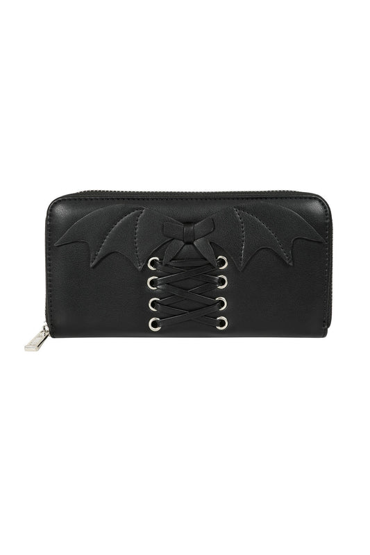 Banned Black Glamorama Purse with Bat Wing and Corset Lacing Detail