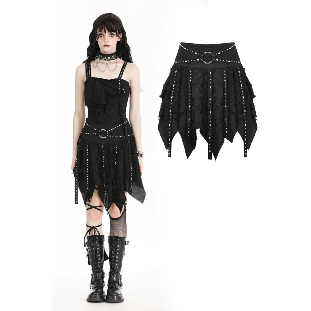 Dark in Love Calandra Distressed Midi Skirt with Skulls and Studs