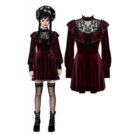 Dark in Love Verity Burgundy Velvet Dress with Black Gothic Lace