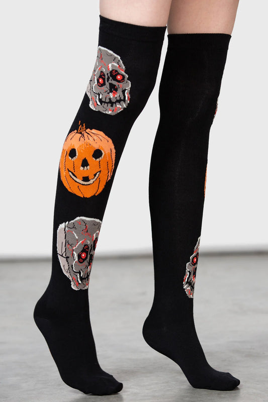 Killstar Morbid Over the Knee Socks with Skulls and Pumpkins - Kate's Clothing