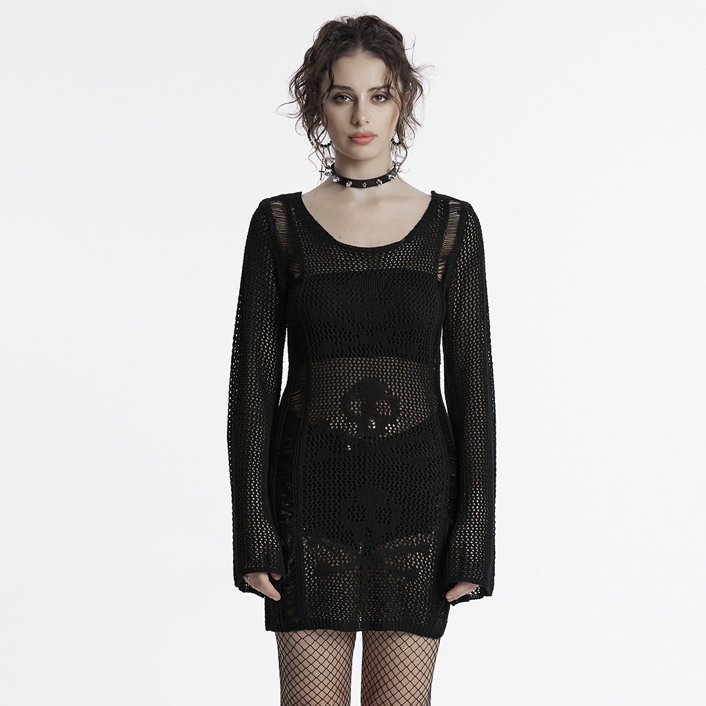 Punk Rave Teuta Skull and Crossed Bones Knitted Mesh Dress in Black