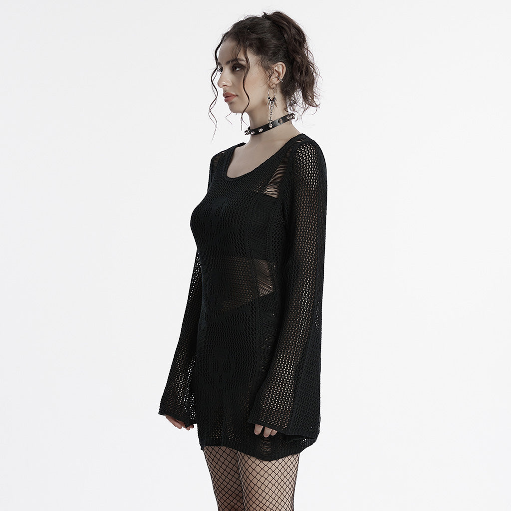 Punk Rave Teuta Skull and Crossed Bones Knitted Mesh Dress in Black