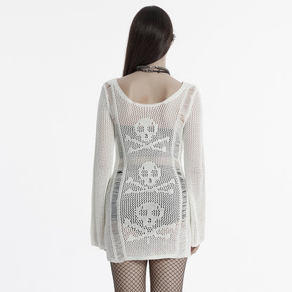 Punk Rave Teuta Skull and Crossed Bones Knitted Mesh Dress in White