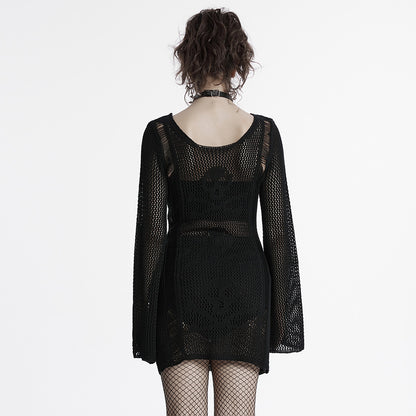 Punk Rave Teuta Skull and Crossed Bones Knitted Mesh Dress in Black