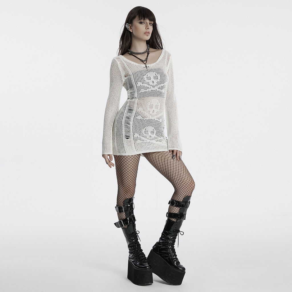 Punk Rave Teuta Skull and Crossed Bones Knitted Mesh Dress in White