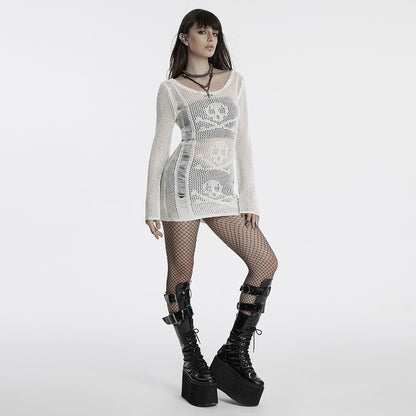 Punk Rave Teuta Skull and Crossed Bones Knitted Mesh Dress in White