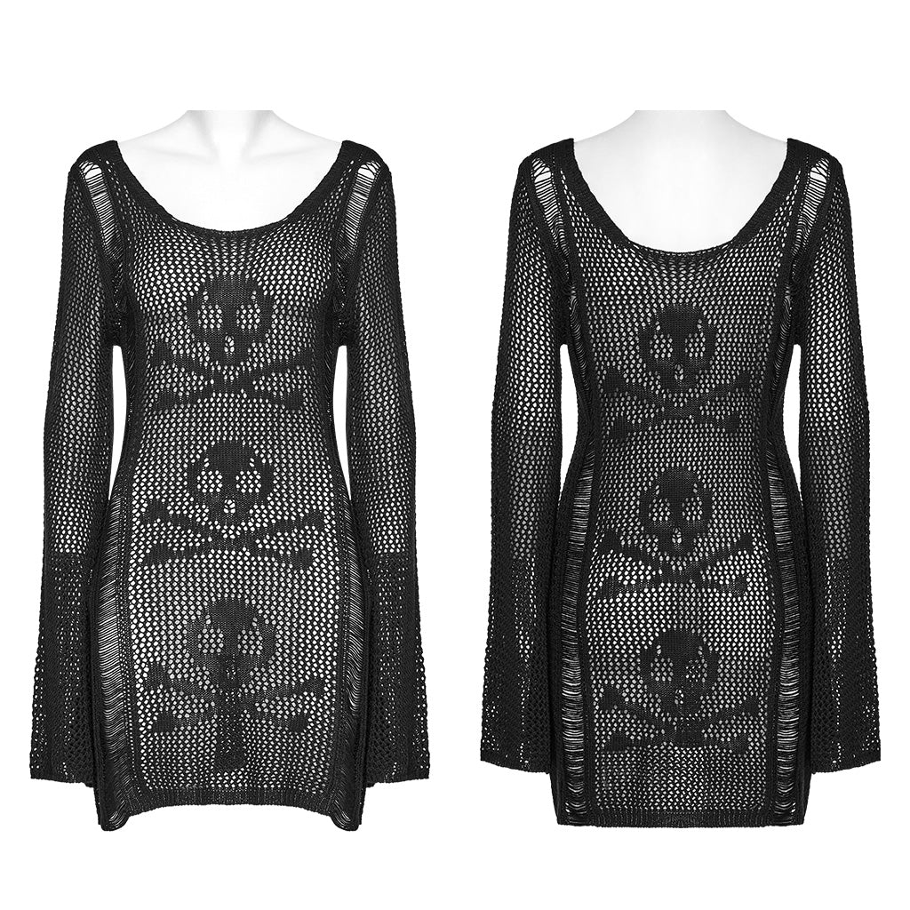 Punk Rave Teuta Skull and Crossed Bones Knitted Mesh Dress in Black