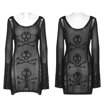 Punk Rave Teuta Skull and Crossed Bones Knitted Mesh Dress in Black