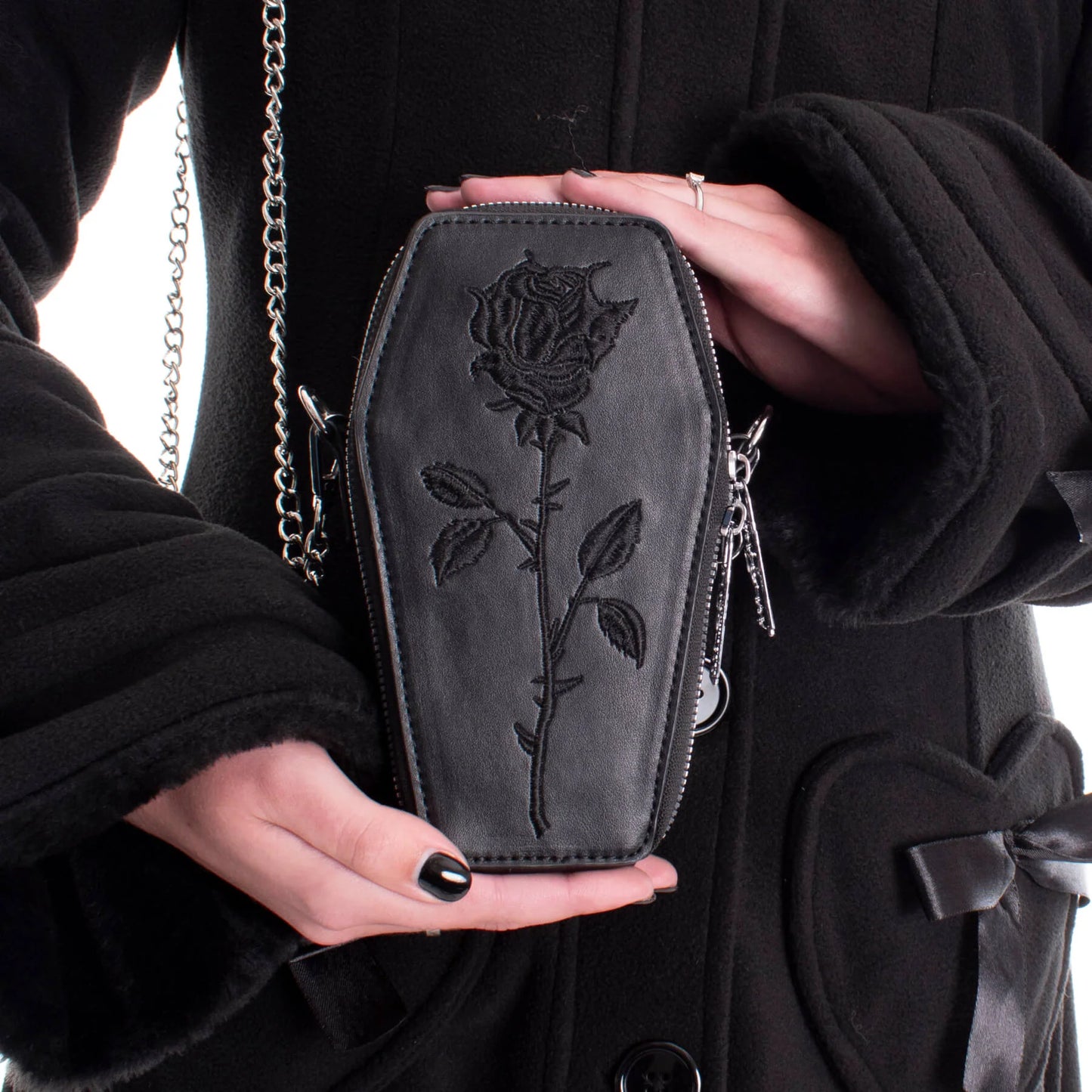 Heartless Thorne Mini Coffin Bag with Black Rose Embroidery