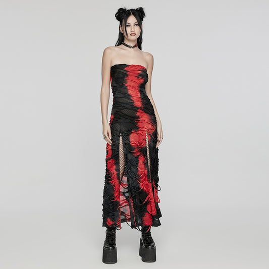 Punk Rave Ebril Red and Black Distressed Look Maxi Dress