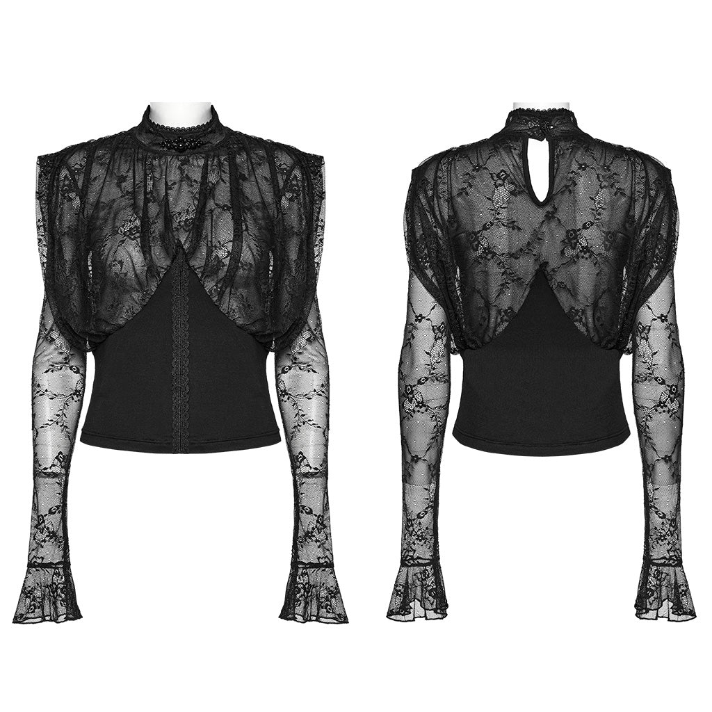 Punk Rave Bellona Lacey Gothic Top with Beaded Collar - Kate's Clothing