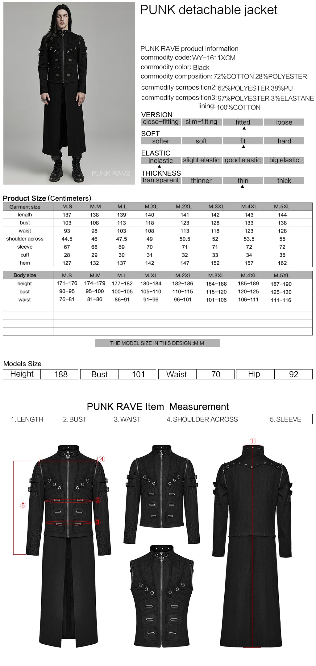 Punk Rave Aziel Mens Multiway Long Coat/Jacket