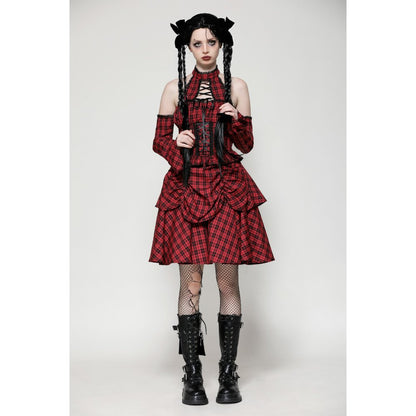 Dark in Love Rosalind Black and Red Tartan Cold Shoulder Halterneck Dress