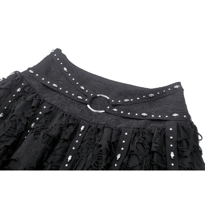 Dark in Love Calandra Distressed Midi Skirt with Skulls and Studs