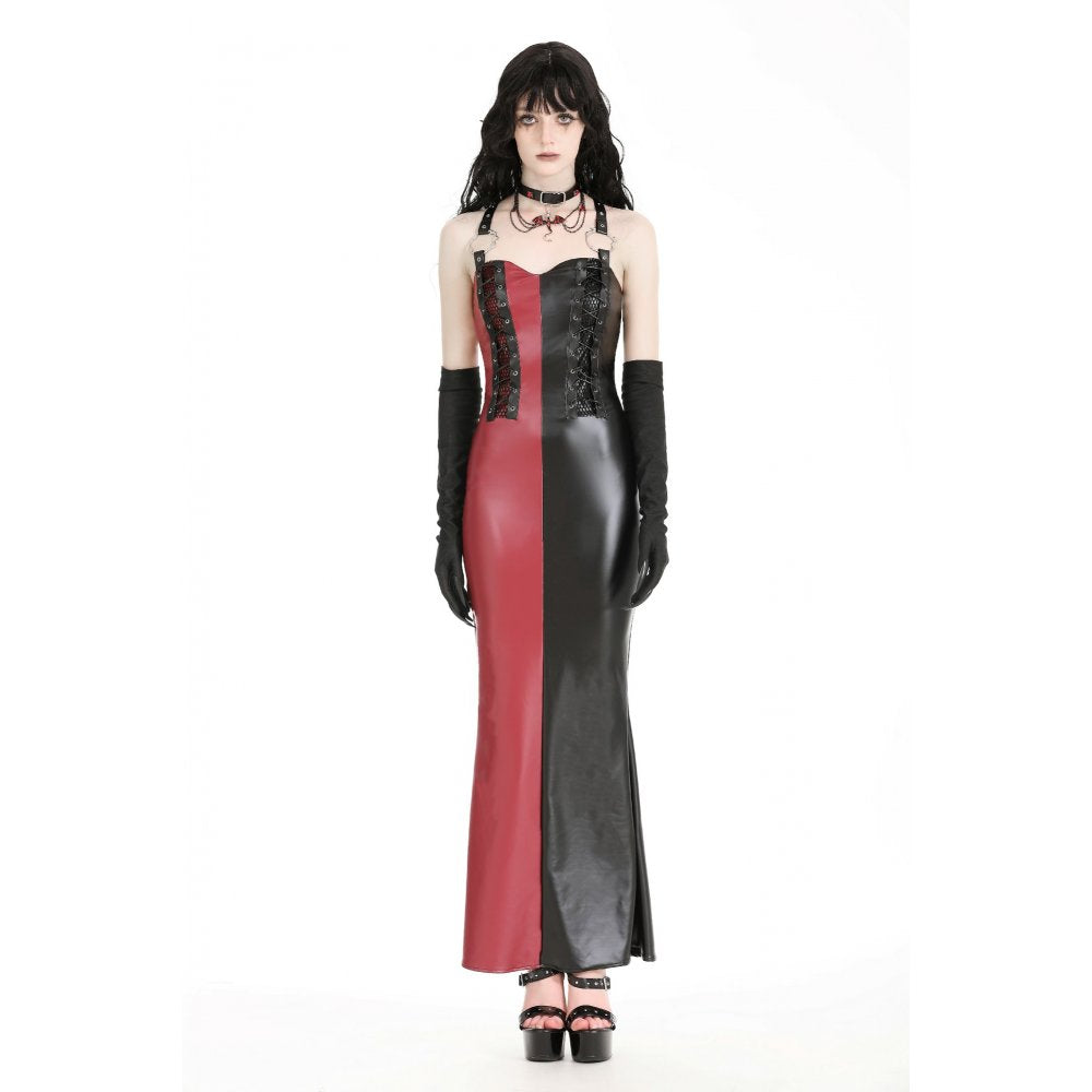 Dark in Love Ishtar Red and Black Split Faux Leather Maxi Dress