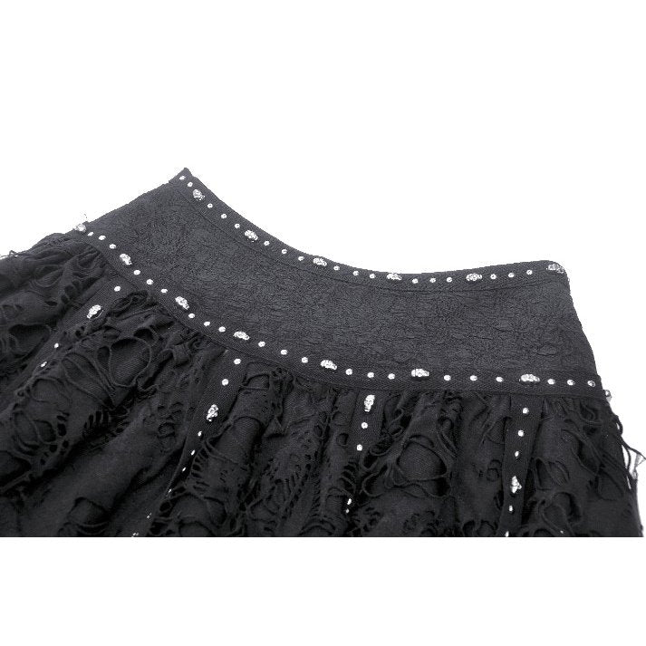 Dark in Love Calandra Distressed Midi Skirt with Skulls and Studs