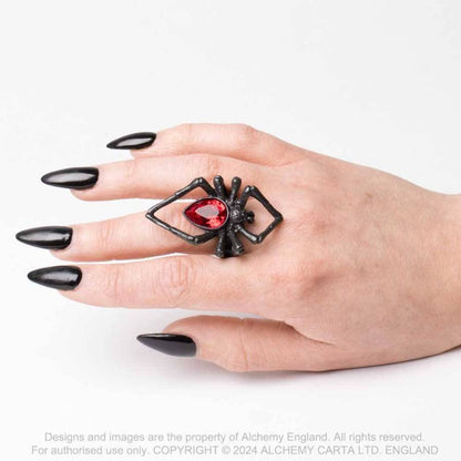 Alchemy Gothic Black Widow Spider Ring with Red Crystal