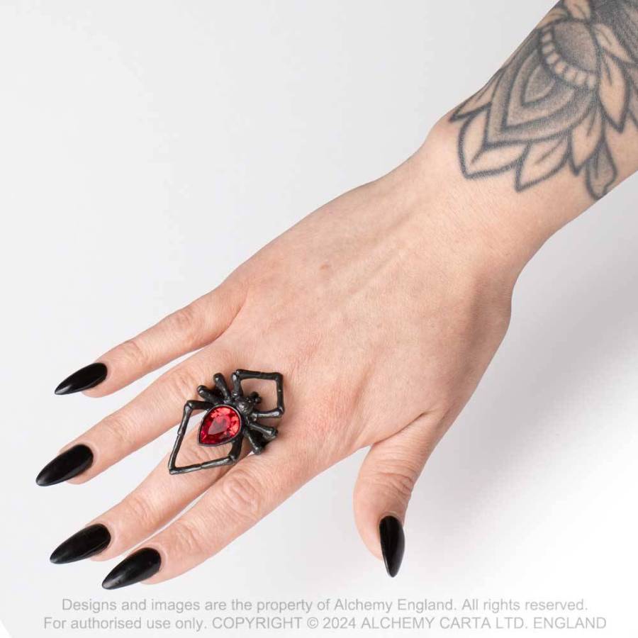 Alchemy Gothic Black Widow Spider Ring with Red Crystal