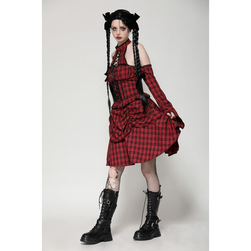 Dark in Love Rosalind Black and Red Tartan Cold Shoulder Halterneck Dress