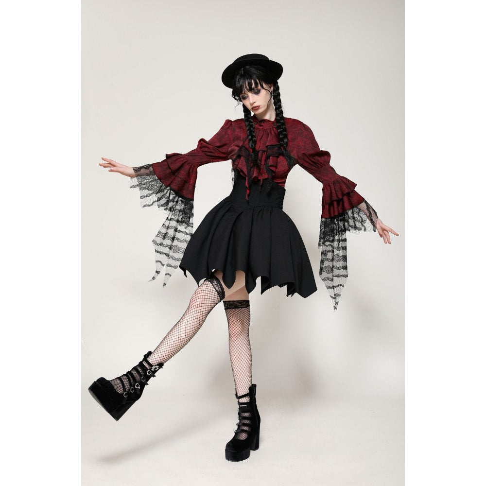 Dark in Love Vampiretta Red Distressed Effect Frilly Blouse